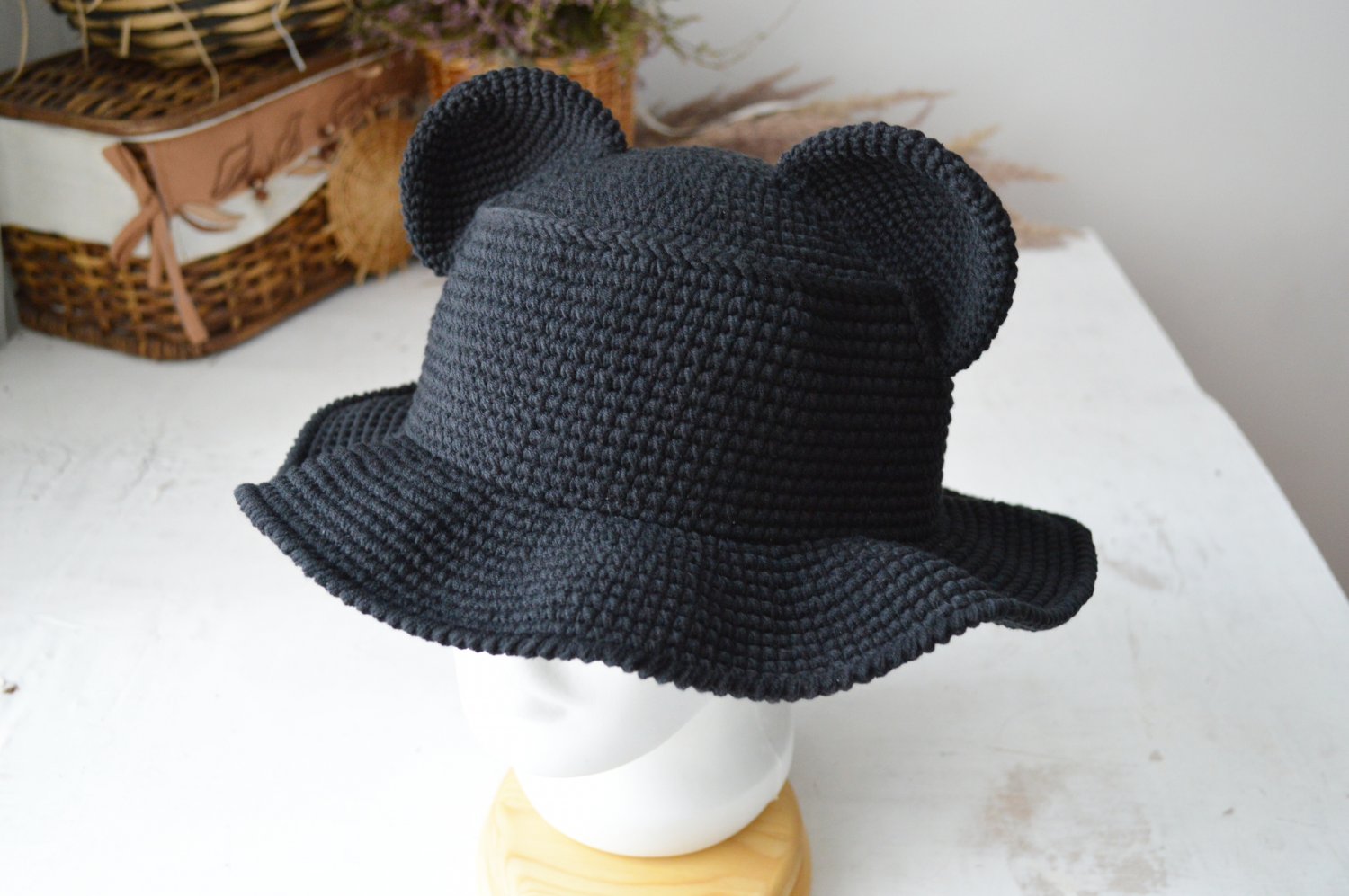 Bear crochet black bucket hat. Custom cute fisherman hat funny. Buy knit hat with ears