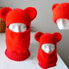 Red bear balaclava ski mask outfit street style men women Crochet velvet beanie hat with ears