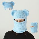Light blue bear balaclava ski mask outfit street style men women Crochet velvet beanie hat with ears