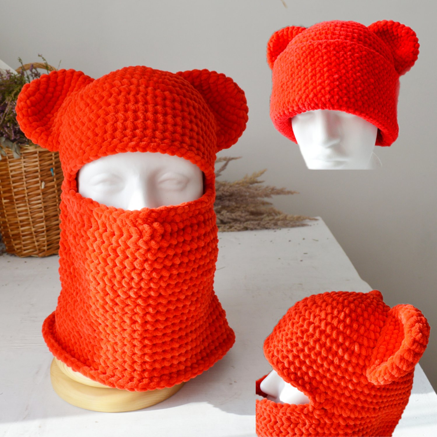 Red bear balaclava ski mask outfit street style men women Crochet velvet beanie hat with ears