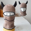 Devil knitted balaclava ski mask with horns men women Custom beige beanie hat crochet