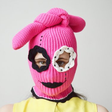 Bunny knitted balaclava ski mask women men neon pink Custom crochet cute  beanie hat with ears