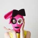 Knitted bunny balaclava ski mask and elastic band bow set Custom pink beanie hat with ears women