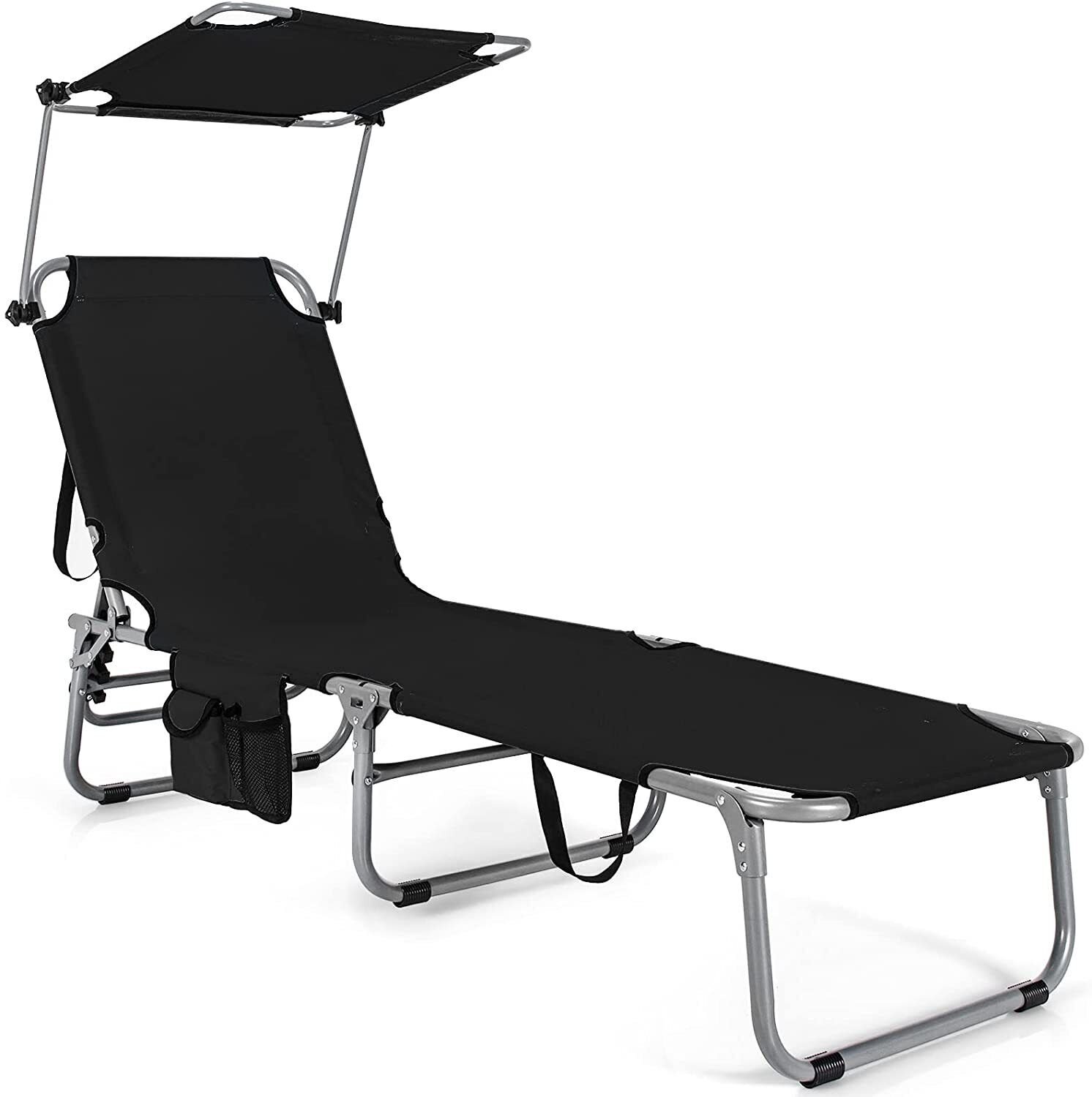 Outdoor Folding Chaise Lounge Chair With Shade Beach Sunbathing Pool