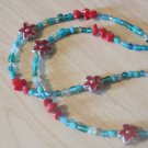 Mixed Blue-Green Glass and Bamboo Coral Necklace