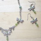 Green Dragonfly Necklace and Earring Set - Czech Crystal and Pewter