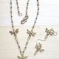 Golden Dragonfly Necklace Earring Set - Czech Crystal and Pewter