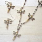 Golden Dragonfly Necklace Earring Set - Czech Crystal and Pewter