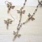 Golden Dragonfly Necklace Earring Set - Czech Crystal and Pewter