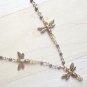 Golden Dragonfly Necklace Earring Set - Czech Crystal and Pewter