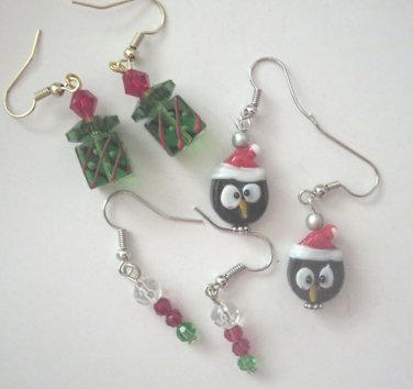 Winter Trio Earring Set #4 Lamp Glass Penguin, Gift, Bead Ornament