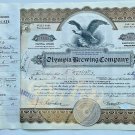 OLYMPIA BREWING COMPANY Stock Certificate 400 Shares 1935 USA Vintage