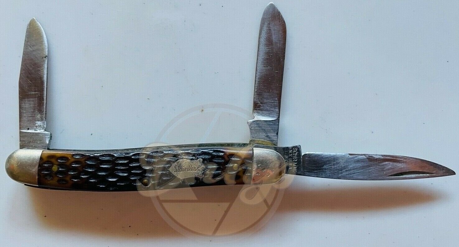 SCHRADE 855 STOCKMAN Three Blade Manual Pocket Knife Brass Liners USA