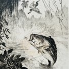 RH PALENSKE Bass Fishing Seasons Greetings Brown Bigelow Card 1950s USA Vintage
