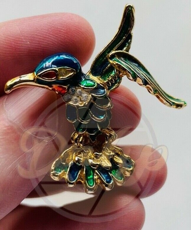 HUMMINGBIRD Moveable Spring Wing Red Rhinestone Eye Pin 1940s 1950s Vintage