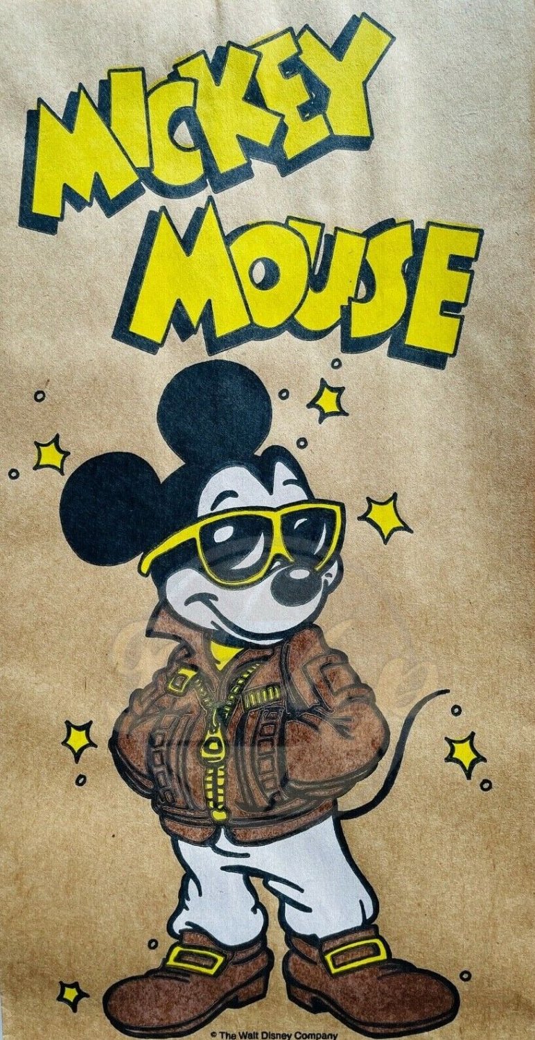 MICKEY MOUSE Biker Sunglasses Leather Jacket Brown Paper Bag Disney Vintage