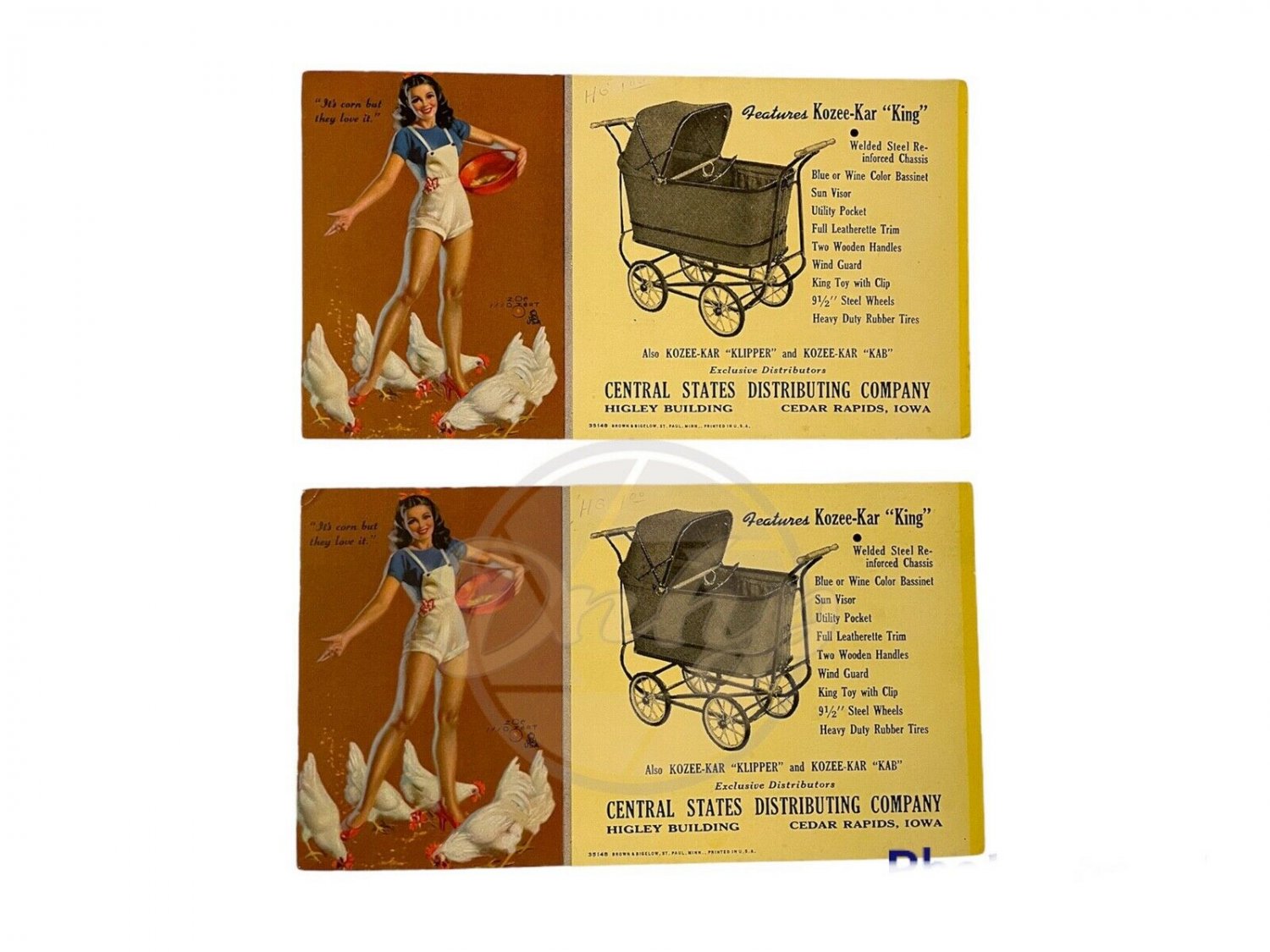 PIN UPS Kozee Kar King Advertising Card (2) Cedar Rapids Iowa Made USA Vintage