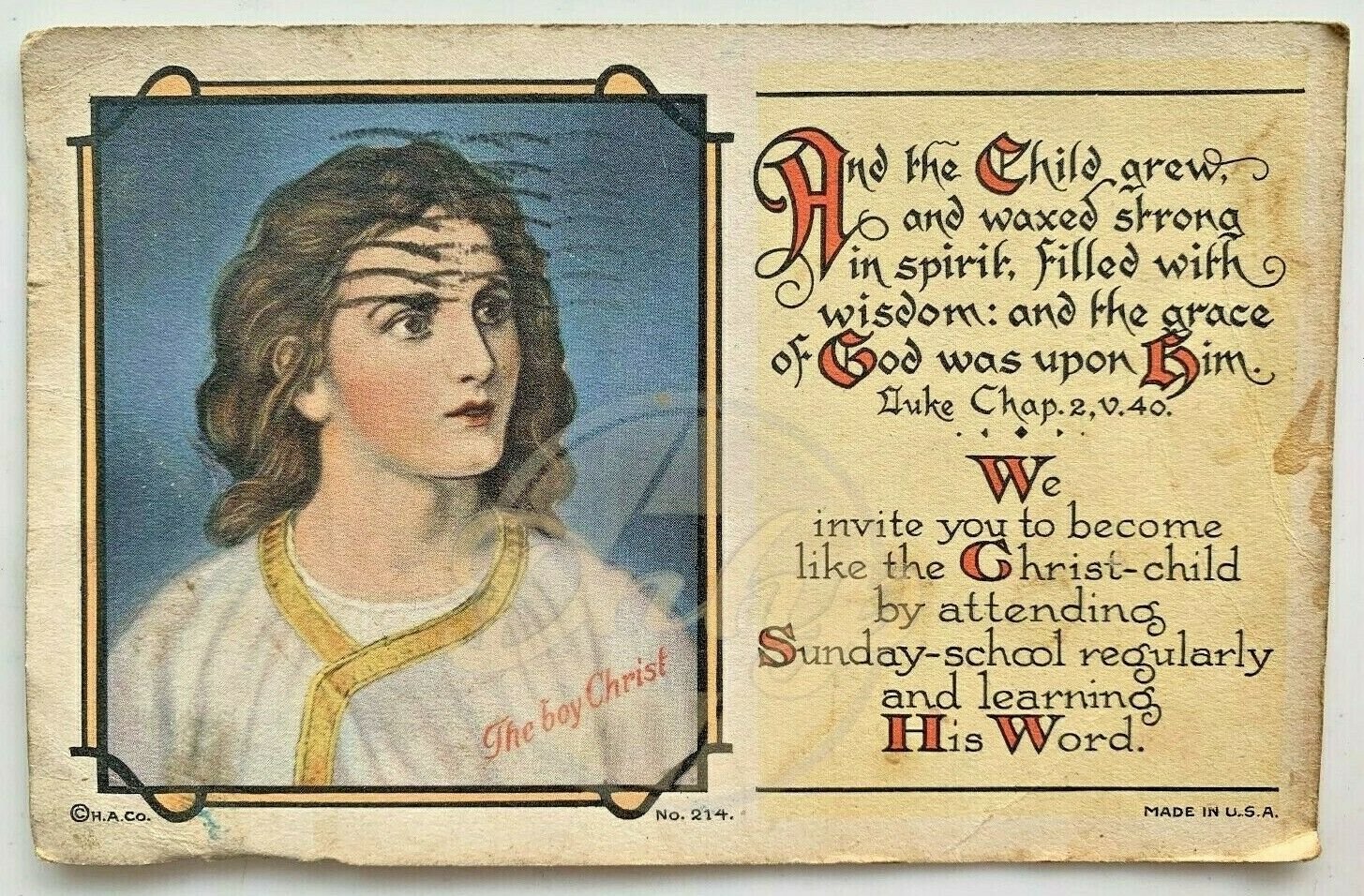 BOY CHRIST Hermitage Art Company Postcard Post 1 Cent Stamp 1930s USA Vintage
