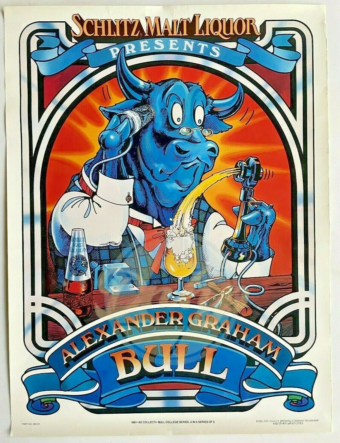 SCHLITZ Alexander Graham BULL 18x24 Poster Malt Liquor 1981 Made USA