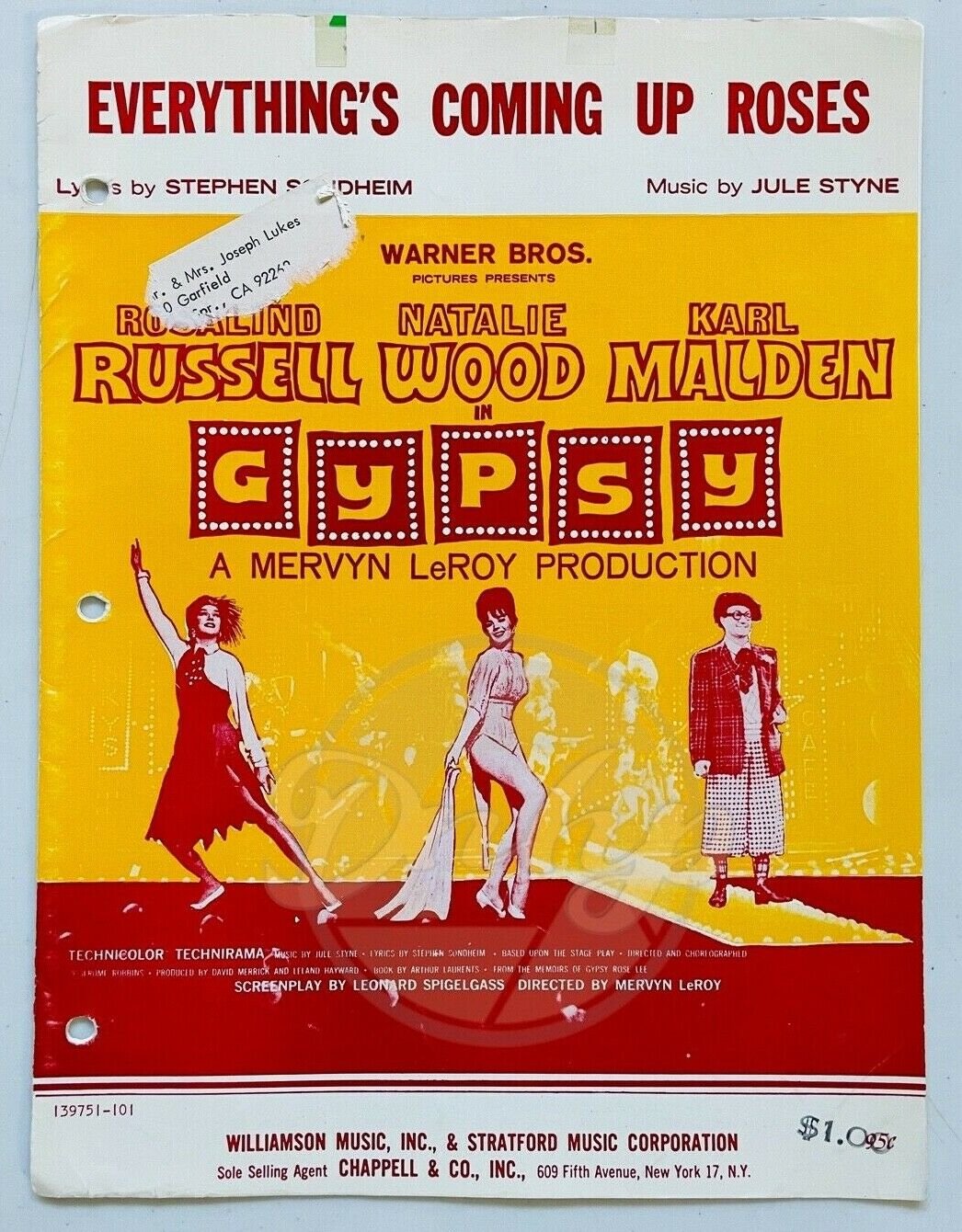 GYPSY Everything Coming Up Roses Natalie Wood Sheet Music 1950s USA Vintage