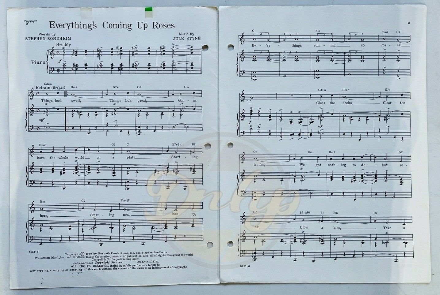 GYPSY Everything Coming Up Roses Natalie Wood Sheet Music 1950s USA Vintage