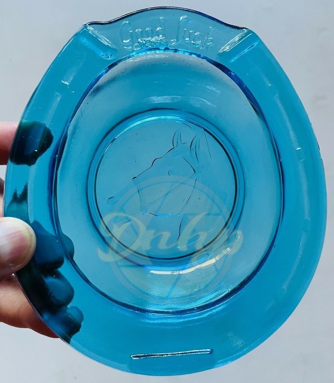 HORSE Horseshoe Good Luck Blue Glass Ashtray Made USA Vintage