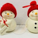 SNOWMAN Figure Lot (2) Glass Fabric Red Skull Caps Holiday Ornaments