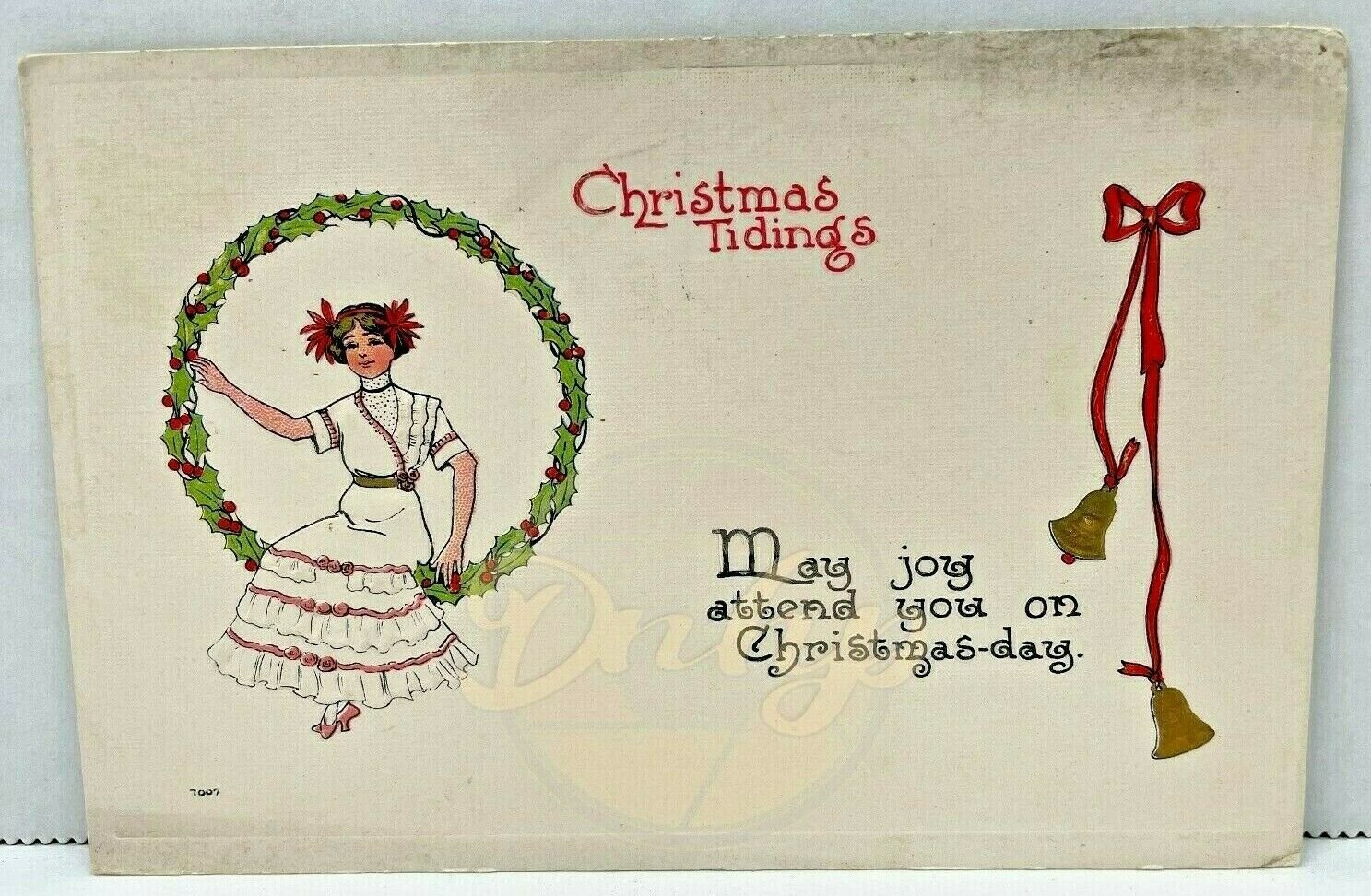 CHRISTMAS WREATH Embossed Postcard 1913 Postmark 1 Cent Stamp Made USA Vintage