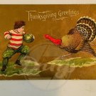 BOY FOOTBALL PLAYER Turkey Defense Thanksgiving Greetings Postcard 1910 Stamped