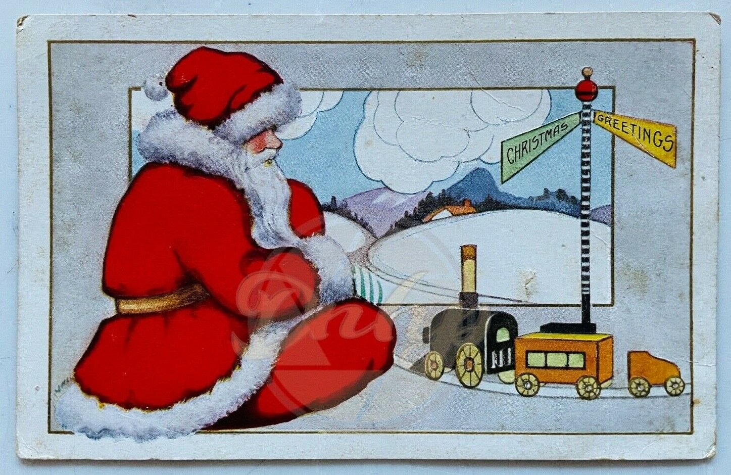 SANTA CLAUS Playing With Train Embossed Postcard No Postmark Made USA Vintage