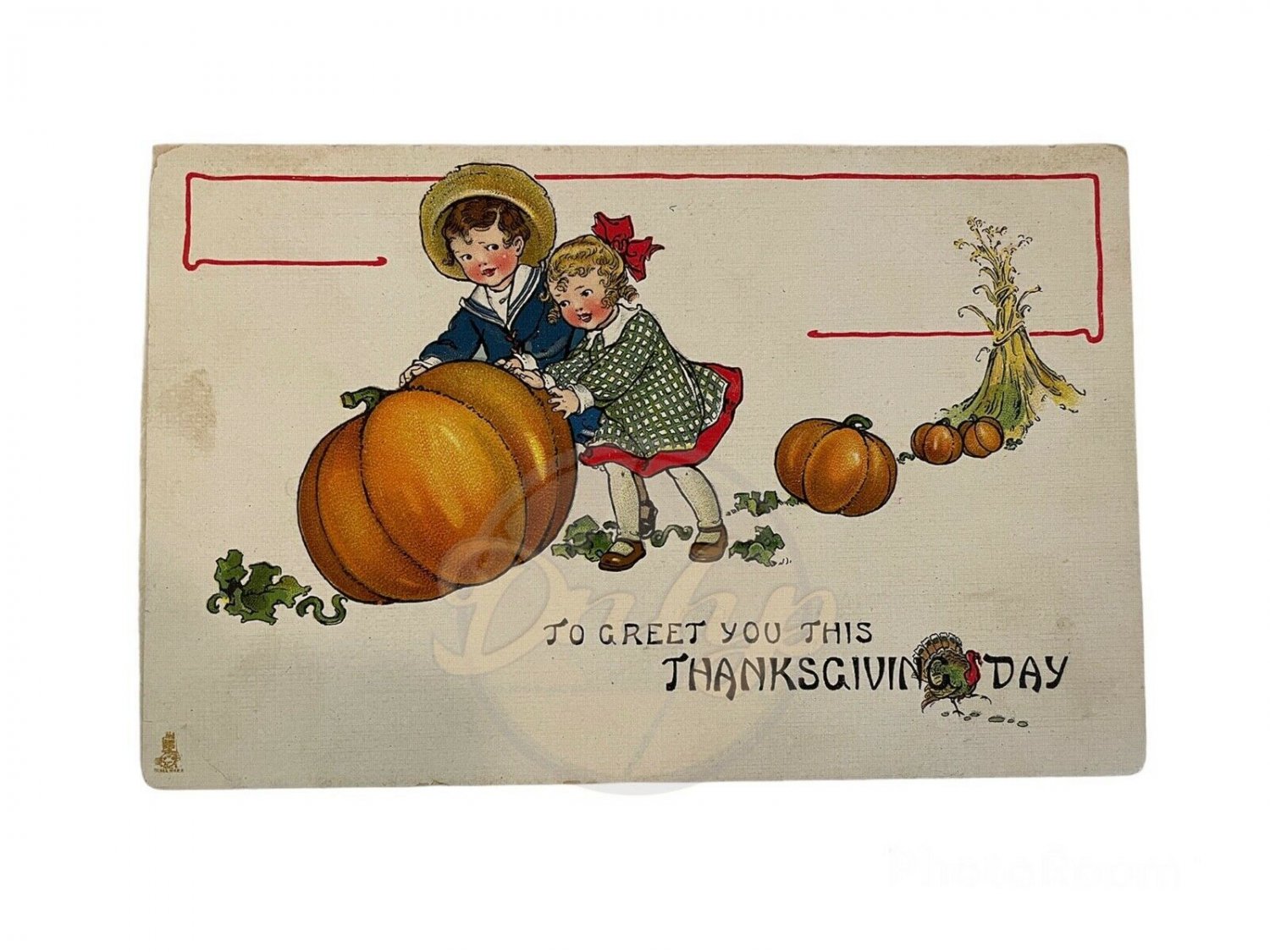 CHILDREN PUMPKIN PATCH Thanksgiving Postcard Vintage No Postmark England