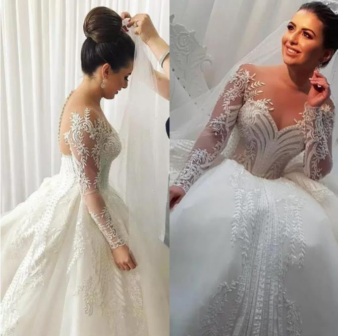 Sheer Wedding Dresses Lace Appliques Long Sleeves Bridal Gowns Sweep ...