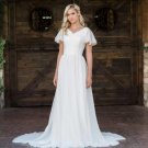 New A-line Chiffon Boho Modest Wedding Dresses With Flutter Sleeves V neck Butto