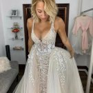 Sexy Appliqued V-Neck Backless Wedding Dresses With Detachable Train backless we Sexy Appliqued V-Neck Backless Wedding Dresses With Detachable Train backless we