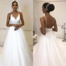 White Lace Appliqued Tulle Spaghetti Bohemian Wedding Dress 2022 A-line Open Bac