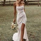 Simple Mermaid White Wedding Dress Spaghetti Straps High Slit