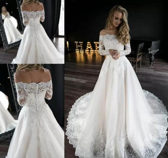 Elegant Off Shoulder Bling Sequined Beading A Line Wedding Dresses illusion Lace