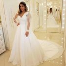 Summer Boho White Wedding Dresses Poet Sheer Long Sleeves V Neck With Appliques