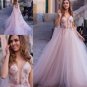 Princess Wedding Dress 3D Flowers Sleeveless Appliques Lace Tulle illusion Pink