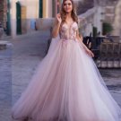 Princess Wedding Dress 3D Flowers Sleeveless Appliques Lace Tulle illusion Pink