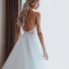 Simple Beaded Pearls Tulle A Line Boho Wedding Dresses Sweep Train Spaghetti Str