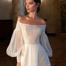 Glitter Boat Neck Wedding Dresses 2022 Puff Sleeves Sequins Lace Off The Shoulder Bridal