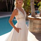 Simple Stain Wedding Dress With Pocket V-Neck Sleeveless Open Back Lace Sweep