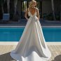 Simple Stain Wedding Dress With Pocket V-Neck Sleeveless Open Back Lace Sweep