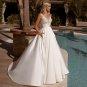 Simple Stain Wedding Dress With Pocket V-Neck Sleeveless Open Back Lace Sweep