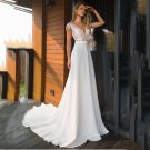 Deep V-Neck Satin Wedding Dress Elegant Lace Appliques A-Line Cap Sleeves Floor Length Deep V-Neck Satin Wedding Dress Elegant Lace Appliques A-Line Cap Sleeves Floor Length