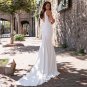 Deep V-Neck Satin Wedding Dress Elegant Lace Appliques A-Line Cap Sleeves Floor Length