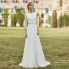 Romantic Lace Three Quarter Sleeves Wedding Gowns Chiffon Open Back Custom Made