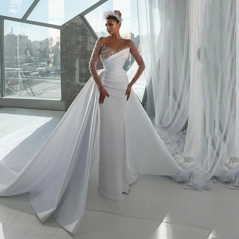 Crystal beaded satin gown fold white long-sleeved church wedding dress bridal gown