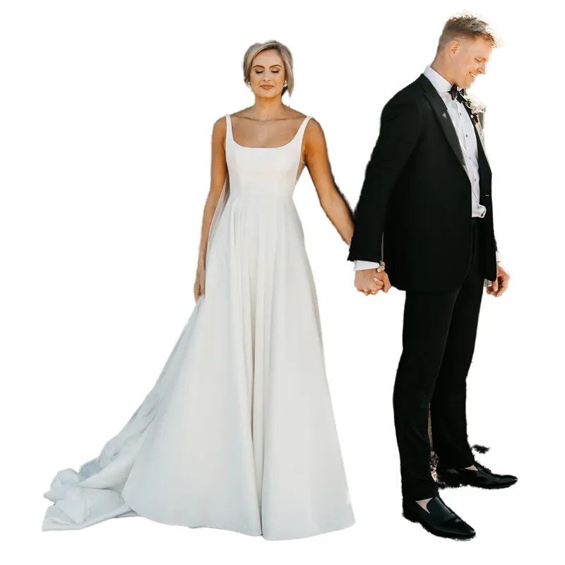 Simple Satin Straps A Line Wedding Dresses Long Sweep Train Sleeveless Backless Bridal Dresses